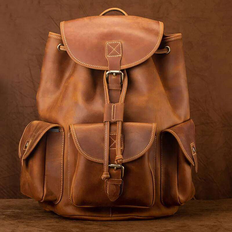 Men's Vintage Crazy Horse Backpack - Premium Top Grain Genuine Leather Casual Shoulder Bag, Large Capacity Retro Rucksac