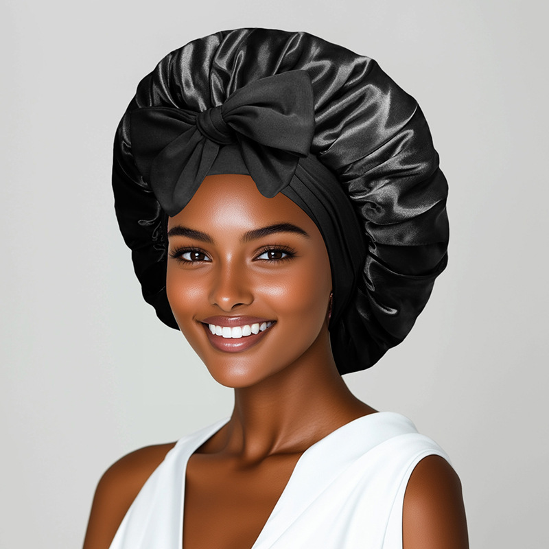 Hat Satin Solid Night Sleep Cap Hair Care Women Satin Bonnet Solid Sleeping Hat Stretchy Tie Band Elastic Night Shower Cap Adjustable Hair Head Cover 