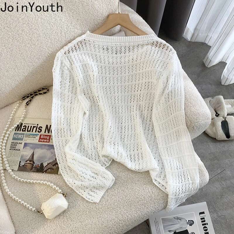Sueter Mujer Fashion Sweaters Tops Womens Clothing Long Sleeve O-neck Jumper Casual Knitted Hollow Out Summer Cropped Pullovers