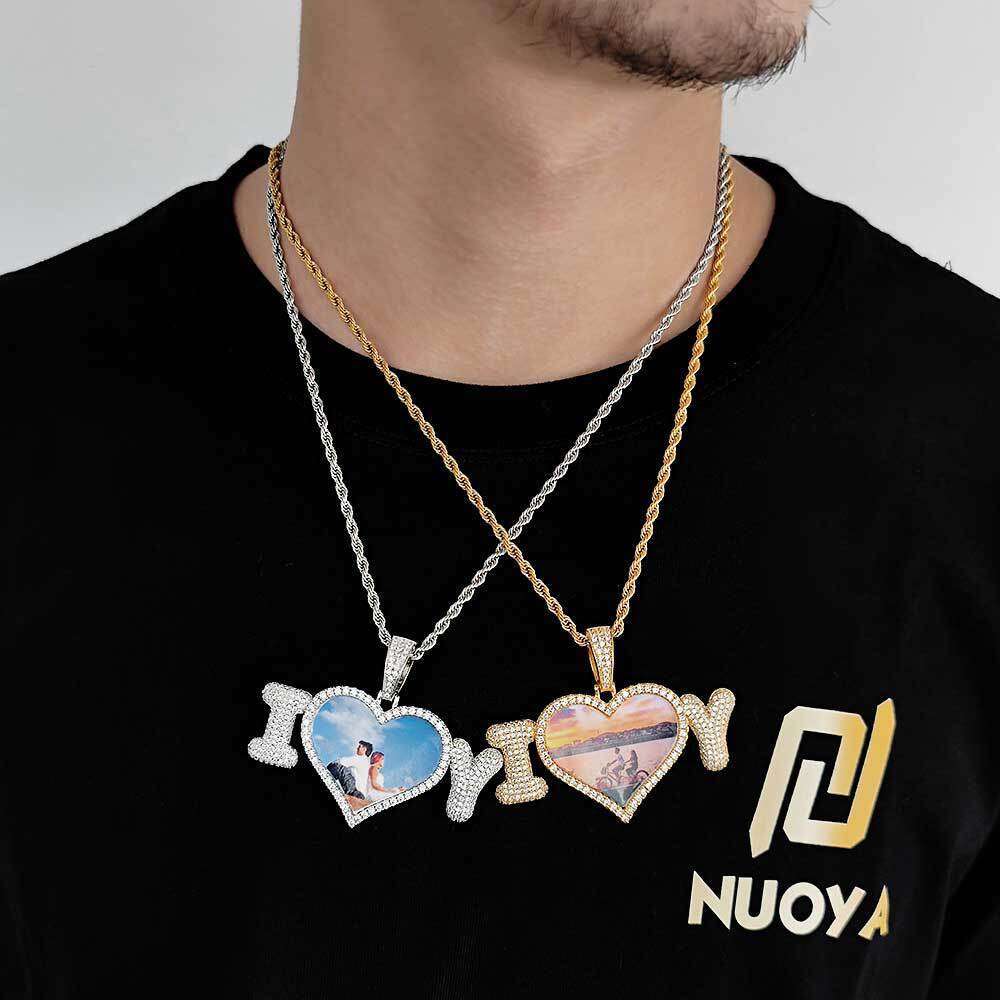 Hip Hop Personality DIY Bubble Letter Splicing Heart Pendant Micro Paved Zircon Photo Frame Men's Necklace 0211