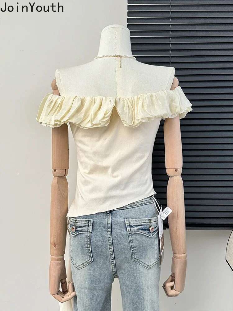 Crop Top Women Clothing Sexy Irregular Tanks Slash Neck Sleeveless Tunic Folds Camis Y2k Tops Sweet Ruffles Summer Chic Vests
