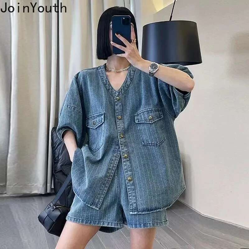 Streetwear Fashion 2 Piece Sets Women Clothing Denim Outfits Oversized Blouses High Waist Wide Leg Pants Suit Vintage Casual Set