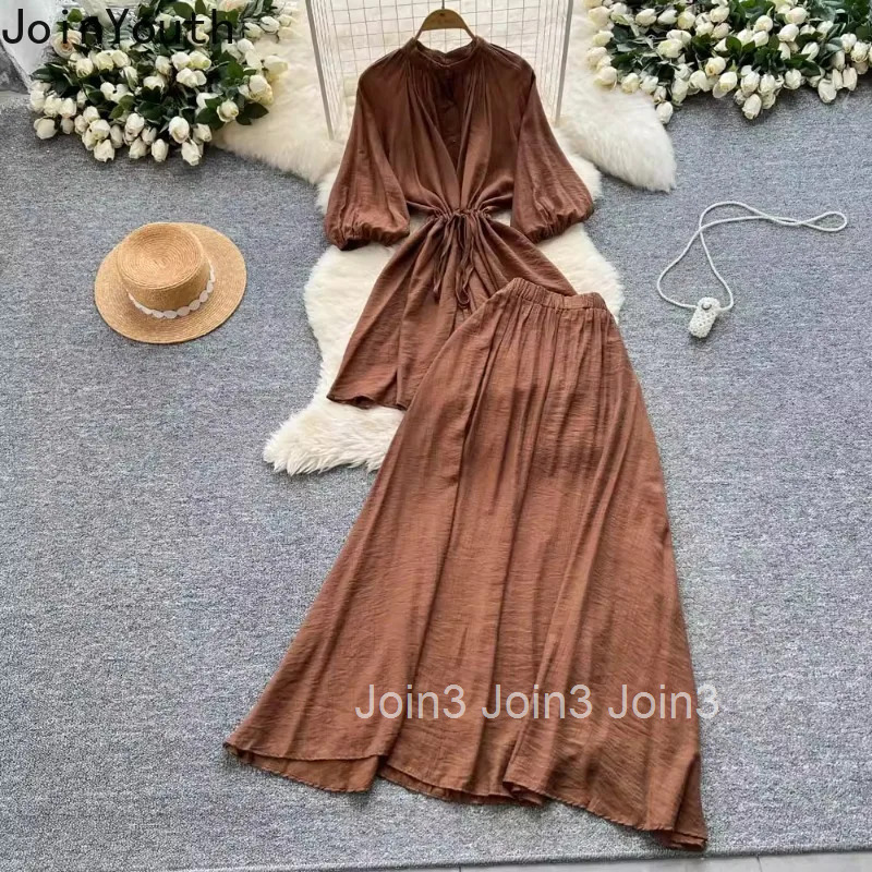 Skirt Outfits Summer 2 Piece Set Womens Clothing Bandage Long Blouses High Waist A-line Skirts Suit Roupas Femme Vintage Sets