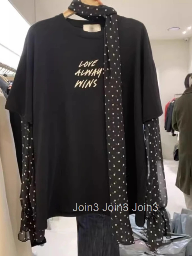 O-neck Korean Woman T Shirts Y2k Tops Fake Two Tees Patchwork Gauze Polka Dot Long Sleeve Camisetas Casual Fashion Letter Tshirt