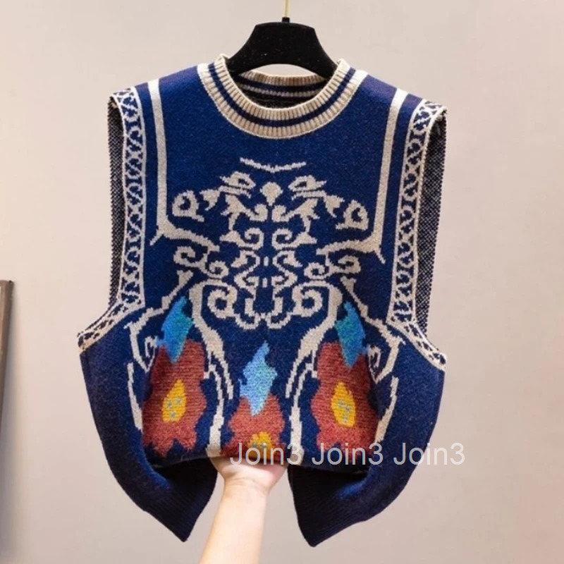Vintage Sweater Vest Women O-neck Sleeve Vintage Knitted Tanks 2025 Ropa Mujer Crop Tops Casual Jumper Korean Fashion Waistcoat