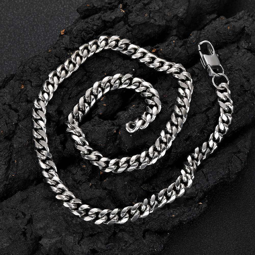 Hip Hop Men's Stainless with Denim Buckle, Round Polished Dense Titanium Steel Cuban Chain, Unique Necklace 07f3