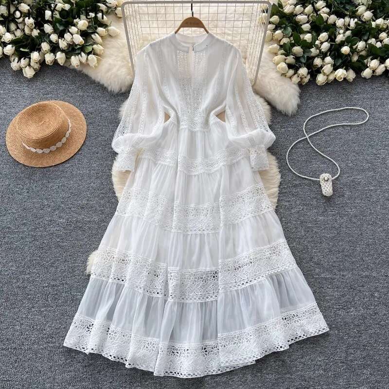 Elegant Dresses for Women Slim Waist Lantern Sleeve Temperament Robe Femme Patchwork Lace Chic Maix Dress 2025 Vestidos De Mujer
