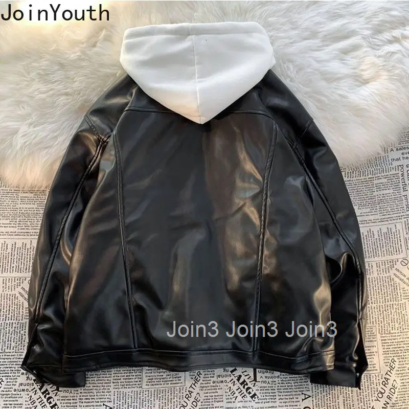 Streetwear Hooded Leather Jackets 2025 Women Clothing Patchwork Fake Two Vintage Outwear Harajuku Fashion Casual Y2k Coat Tops