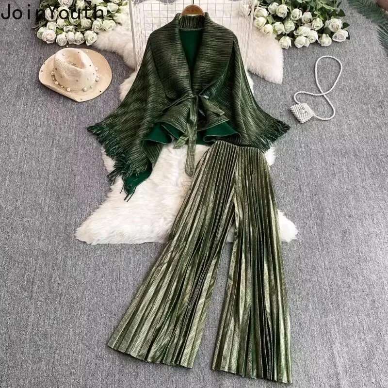 Two Piece Sets Womens Outfits Bandage Tassel Slim Waist Coat High Waist Pleated Wide Leg Pants Suit Roupas Femme Fashion Set