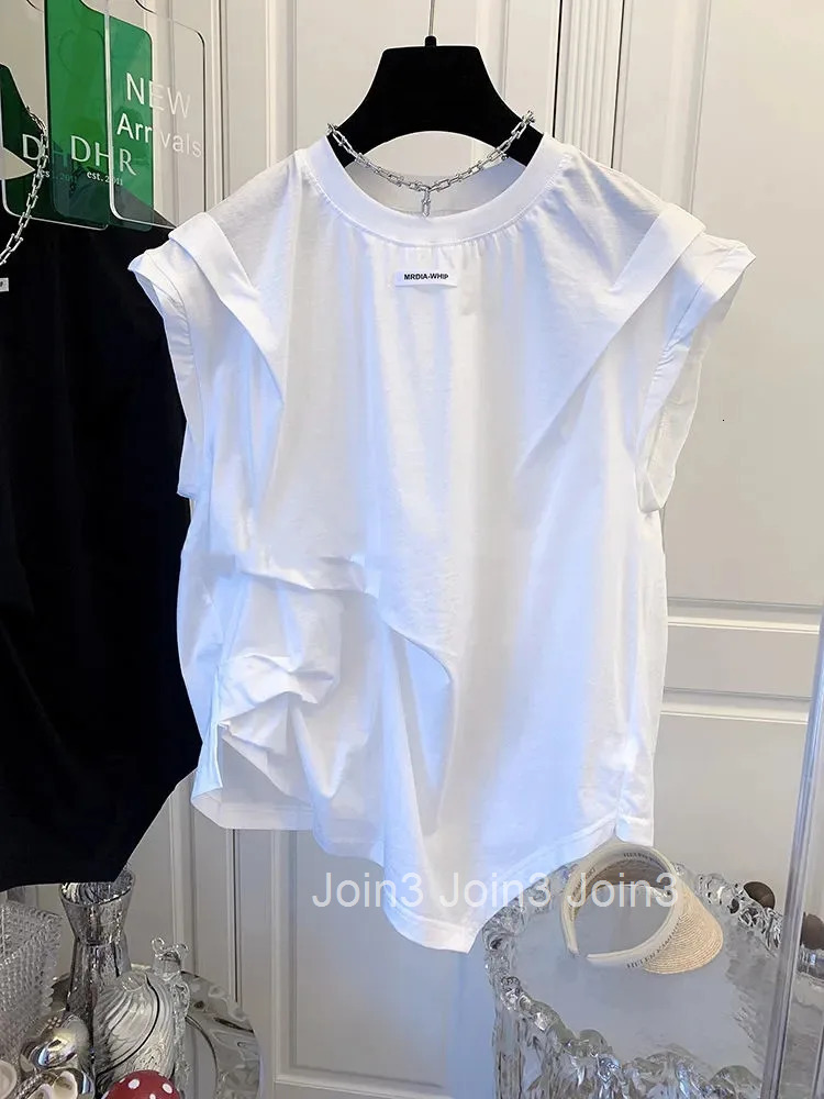 White Woman T Shirts O-neck Sleeveless Cotton Tees Fashion Casual Summer Tshirts Y2k Tops Loose Folds Irregular Korean T-shirt