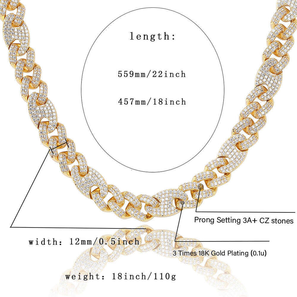 Hip Hop Full Dia Necklace 20MM Pig Nose Cuban Chain Gold Plated Personality Four-Leaf Clover Trendy Zircon Inlaid Bracelet