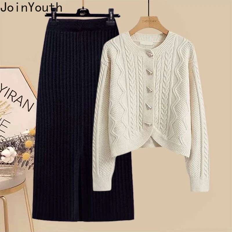 Skirt Suit Two Piece Sets Womens Outfits Roupas Femme O-neck Sweater Coat High Waist Bodycon Skirt Sets Casual Knitted Clothes