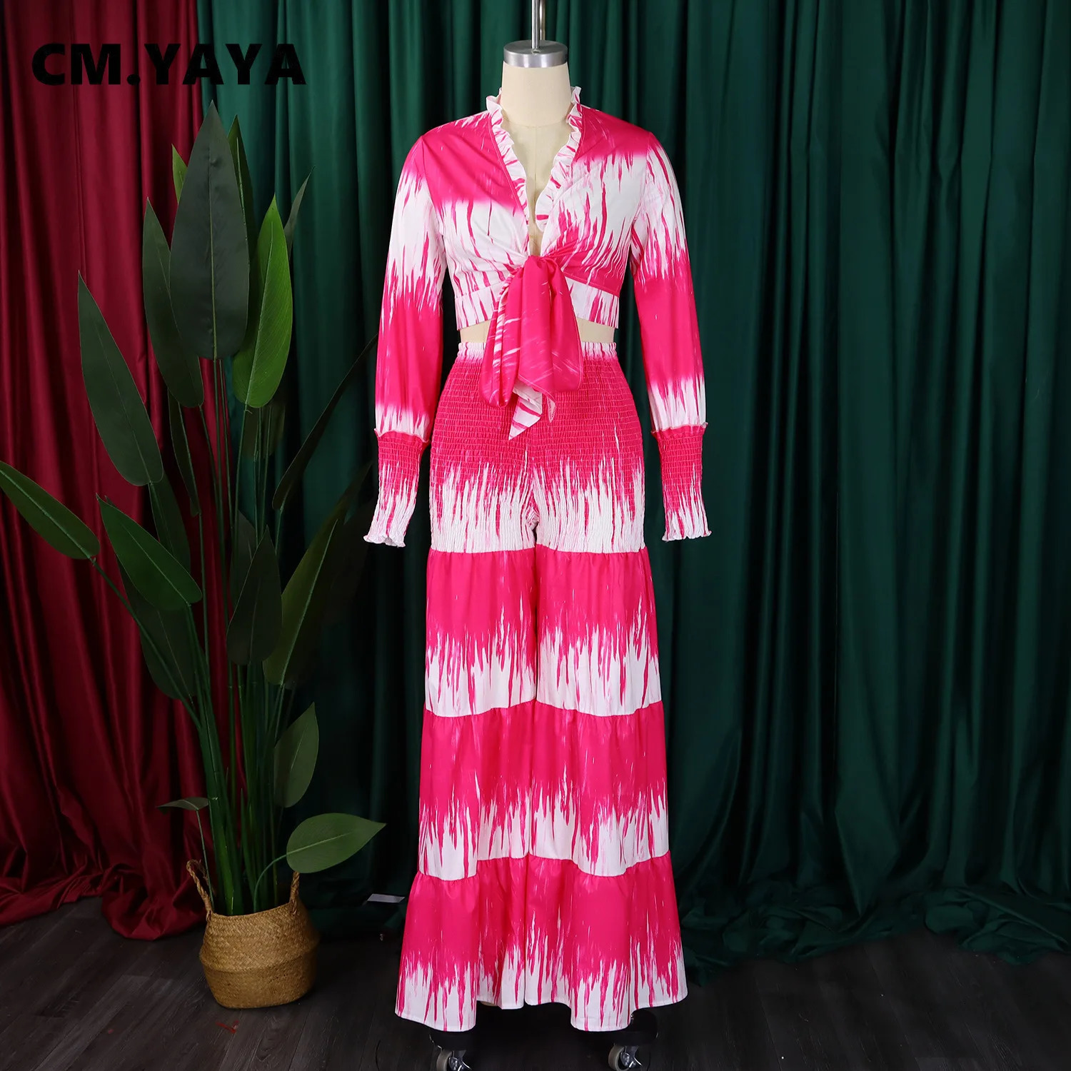 CM.YAYA Womens Set Gradient Printed Tie Up Long Sleeve Shirt wide Leg Pants Fall Street Two 2 Piece Set Outfits Tracksuit 250617