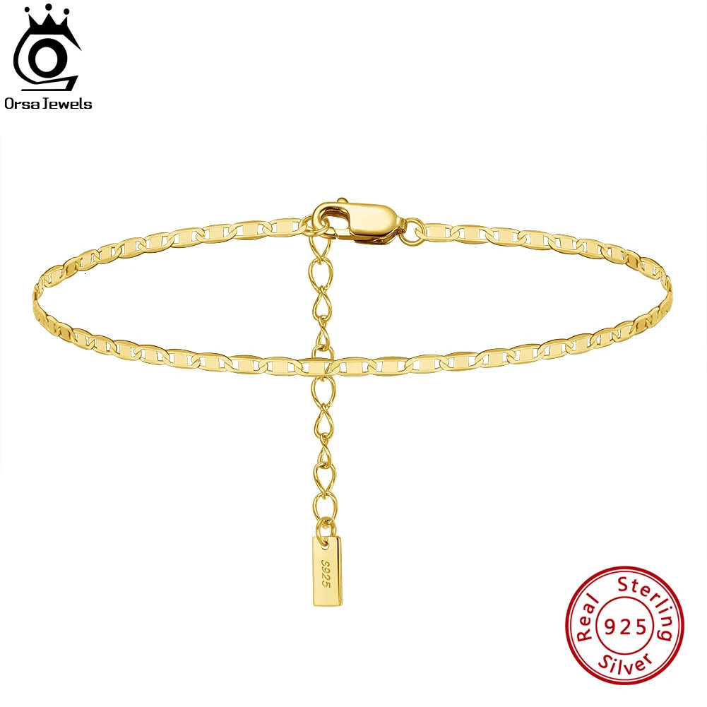 ORSA JEWELS 925 Sterling Silver Italian 2mm Sparkle Mirror Chain Anklets for Women Gold Foot Bracelet Ankle Straps Jewelry SA29 250617