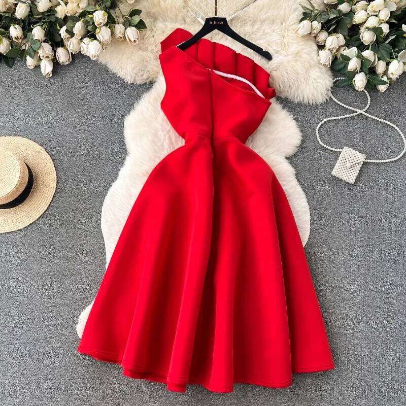 Chic One Shoulder Pleated Sleeveless Solid A-Line High Waist Evening Party Strapless Dress Women Summer Vestidos Clothing