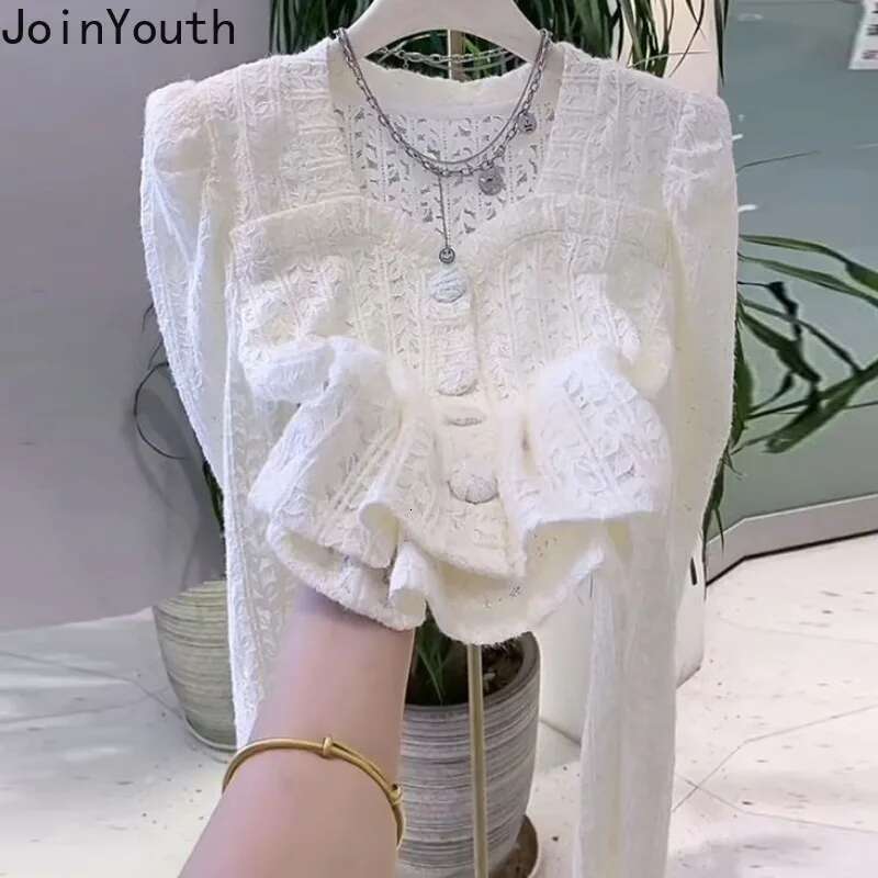 Solid Color Square Collar Tunic Blouses Women Clothing Lace Puff Sleeve Crop Tops 2025 Camisas De Mujer Hollow Out Shirt Blouse