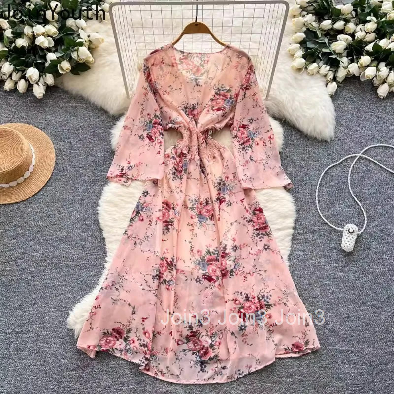 Dress for Women 2 Piece Set Flare Sleeve Floral Chiffon Dresses 2025 Vestidos De Mujer Vintage High Waist Temperament Robe Femme