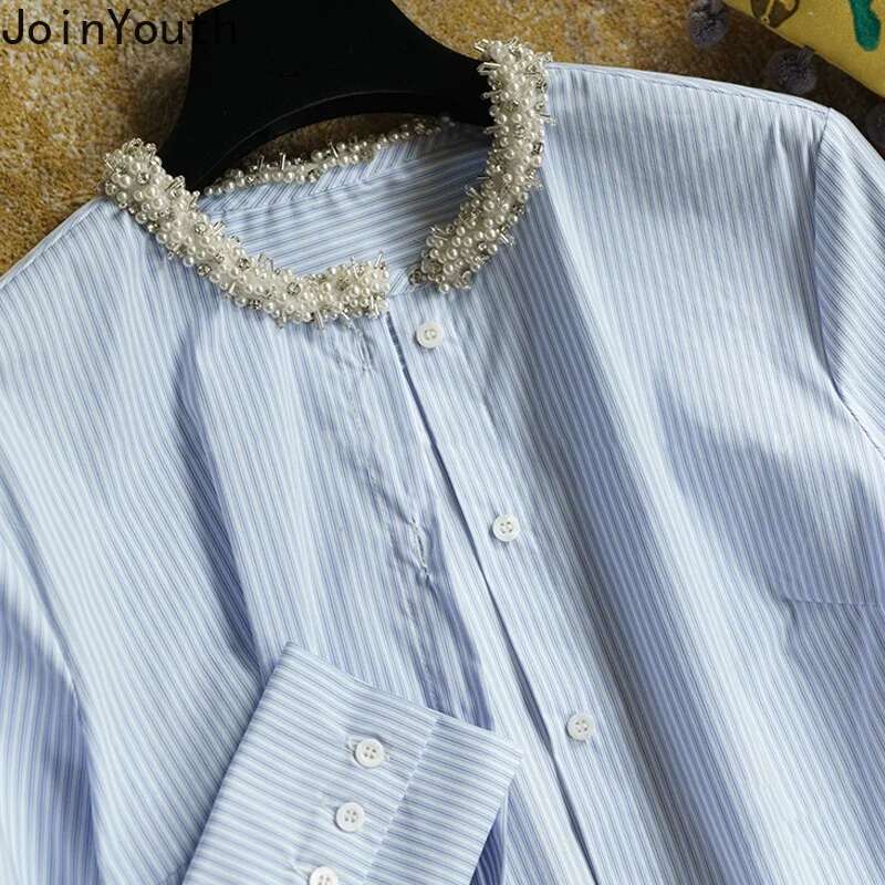Women Clothing Striped Shirt Heavy Beading O-neck Long Sleeve Blouses Temperament Tops Loose Fashion Blouse Camisas De Mujer