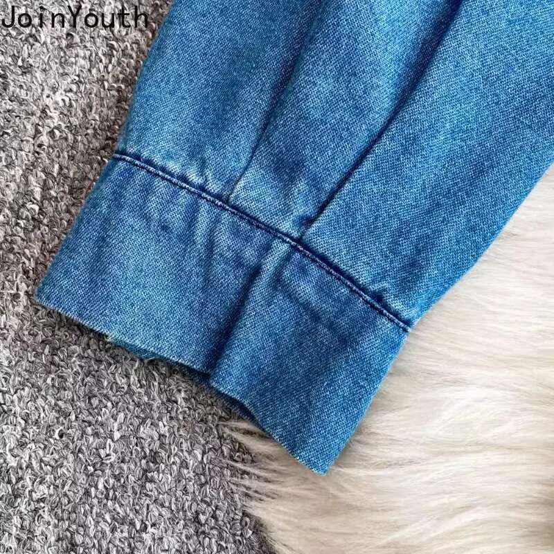 Chic Wome Two Piece Set Roupas Femme Y2k Clothes Patchwork Denim Long Sleeve Shirt High Waist Straight Wide Leg Pants Outfits