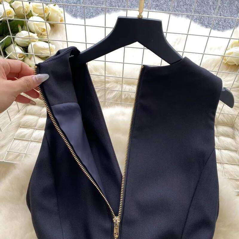 Vintage V-Neck Elegant Sleeveless Chic Double Breasted Slim Short Dresses French Fashion Streetwear High Street Autumn Clothing