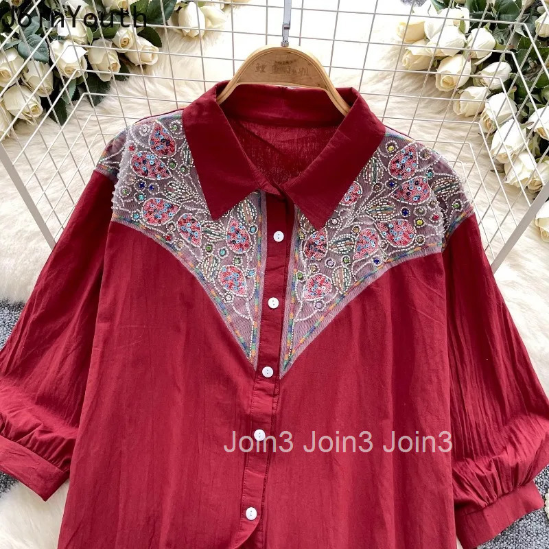 2025 Blusas Mujer De Moda Vintage Blouse Women Clothes Patchwork Sequin Embroidery Shirts Casual Long Sleeve Loose Blouses Tops