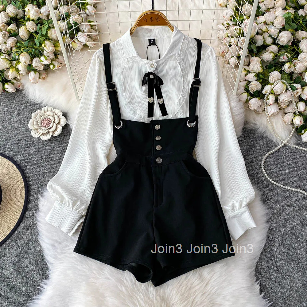 Womens Clothing Summer Two Piece Sets Lace Vintage White Shirt Strap and Jumpsuit Suit Fashion Korean Outfits 2025 Ropa Mujer