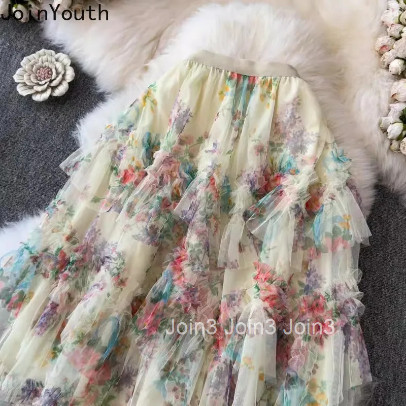 Women Skirt Gauze Floral A-line Korean Jupe 2025 Faldas Mujer De Moda Fashion Sweet Summer Saia High Waist Loose Womens Clothes