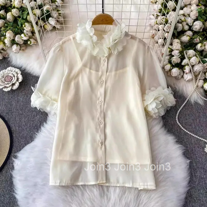 Sweet Pink Blouses Womens Clothing Stand Neck Short Sleeve Summer Shirts 2025 Blusas Mujer De Moda Gauze Loose Tops with Vest