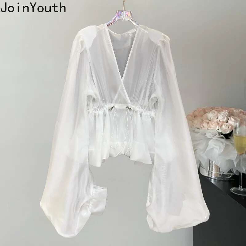 Women Clothing Summer Blouses Temperament Lady Tops Solid Color V-neck Lantern Sleeve Shirts Slim Waist Thin Camisas De Mujer