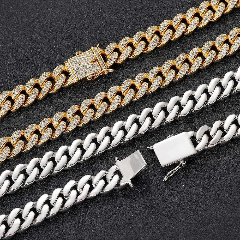 Jewelry 12mm High-Quality Full Dia Cuban Chain Real Gold Plated Hip Hop Men's Necklace Bracelet 4aa7