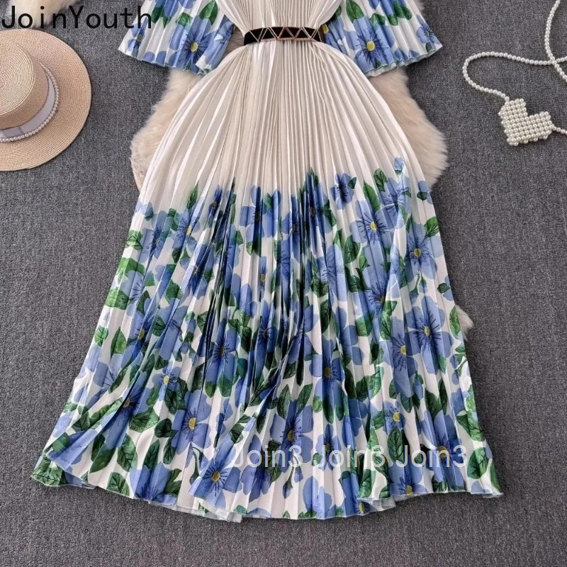 Vestido Femme O Neck Flare Sleeve Patchwork Summer Dress Pleated Belt Print Panelled Tunic Maxi Dresses Mujer Elegant Femme Robe