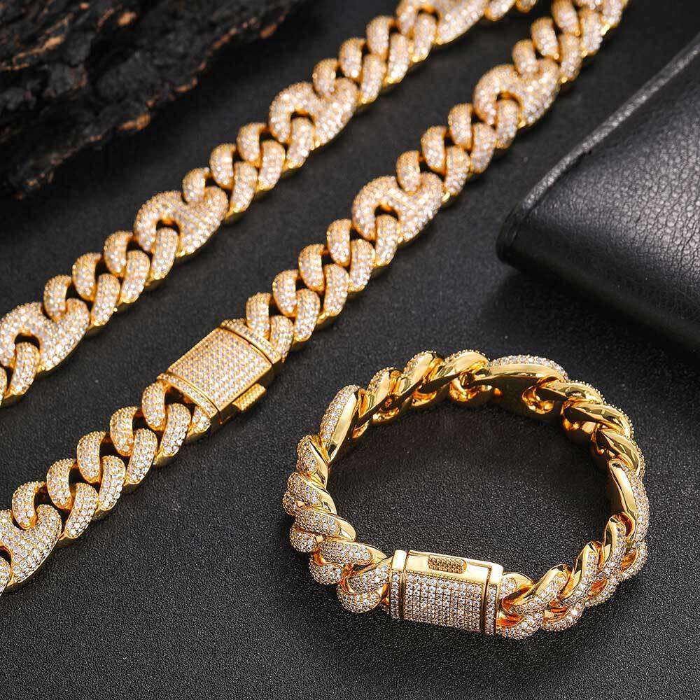 Zircon Necklace 15mm Three-to-One Pig Nose Bubble Cuban Chain Hip-Hop Men's Bracelet Jewelry df74