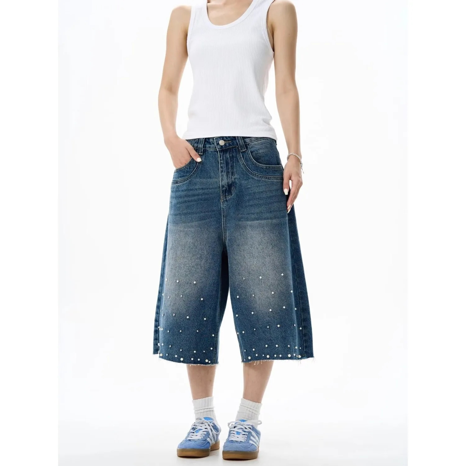 DM Hip Hop Fashion Rivet Jeans Shorts Streetwear Blue Loose Denim Shorts For Men Washed 250617