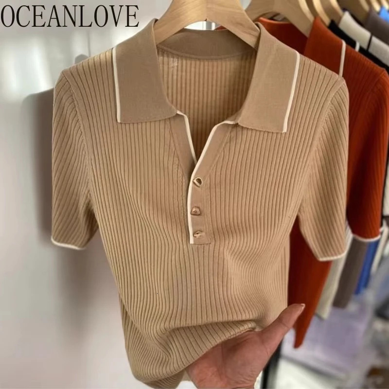 OCEANLOVE Stripes Knitted T Shirt for Women Contrast Color Vintage Spring Summer Ropa De Mujer Fashion Simple Short Tees 250619