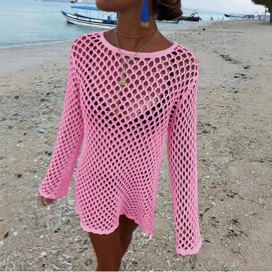 DRC Female Sheer Loose Beach Holiday Mini Dresses Sexy Hollow Out Knit Cover Up Dres Summer Splice Knitwear 250616
