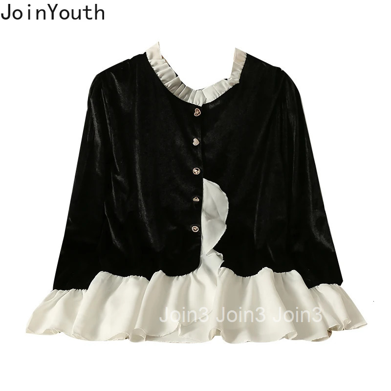 Vintage Blouse Women Black Velvet Patchwork Ruffles Shirts 2025 Blusas Mujer De Moda Crop Tops Tunic Long Sleeve Fashion Blouses