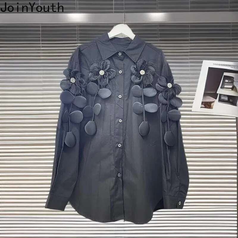2025 Women Clothing White Long Sleeve Blouses Fashion 3D Floral Loose Shirts Camisas De Mujer Casual Sweet Korean Blouse Tops