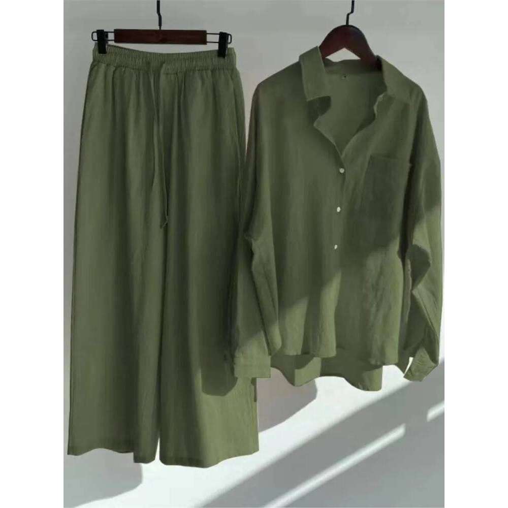 Designer Leisure High Quality Spring Summer Two Long Sleeve Shirt Women's Suit Fashion Button Casual Female Wide Leg Pants 2 Piece Sets