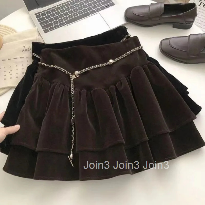 Mini Skirts Women Korean Jupe 2025 Faldas Mujer De Moda High Waist A-line Saia Ruffles Vintage Velvet Thicked Skirt with Belt