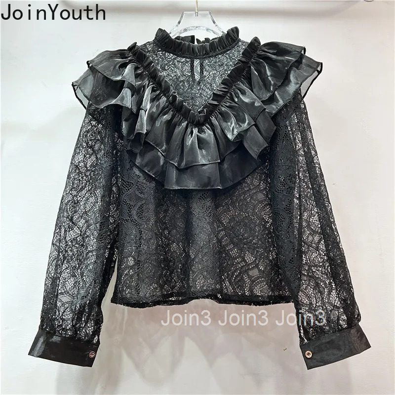 Womens Tops 2025 Camisas De Mujer Stand Neck Long Sleeve Lace Blouses Ruffles Hollow Out Fashion Summer Chiffon Shirt Blouse