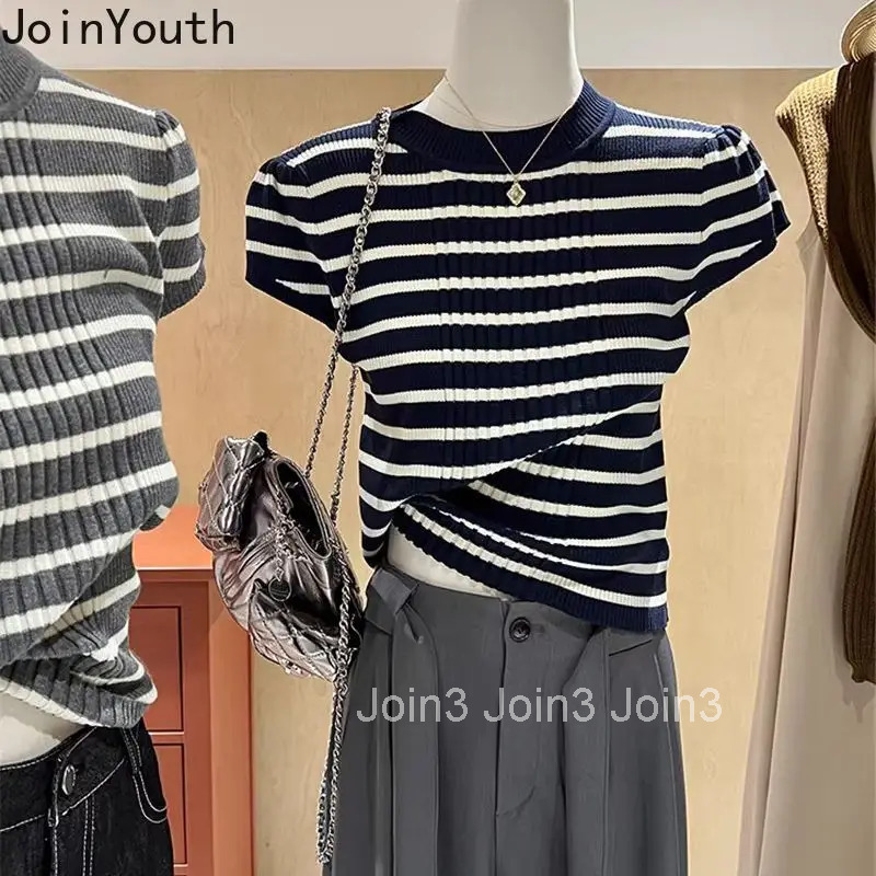 Striped Tshirts 2025 Womens Clothing O-neck Puff Sleeve Vintage Tees Fashion Summer Camisetas Slim Fit Knitting T-shirt Tops