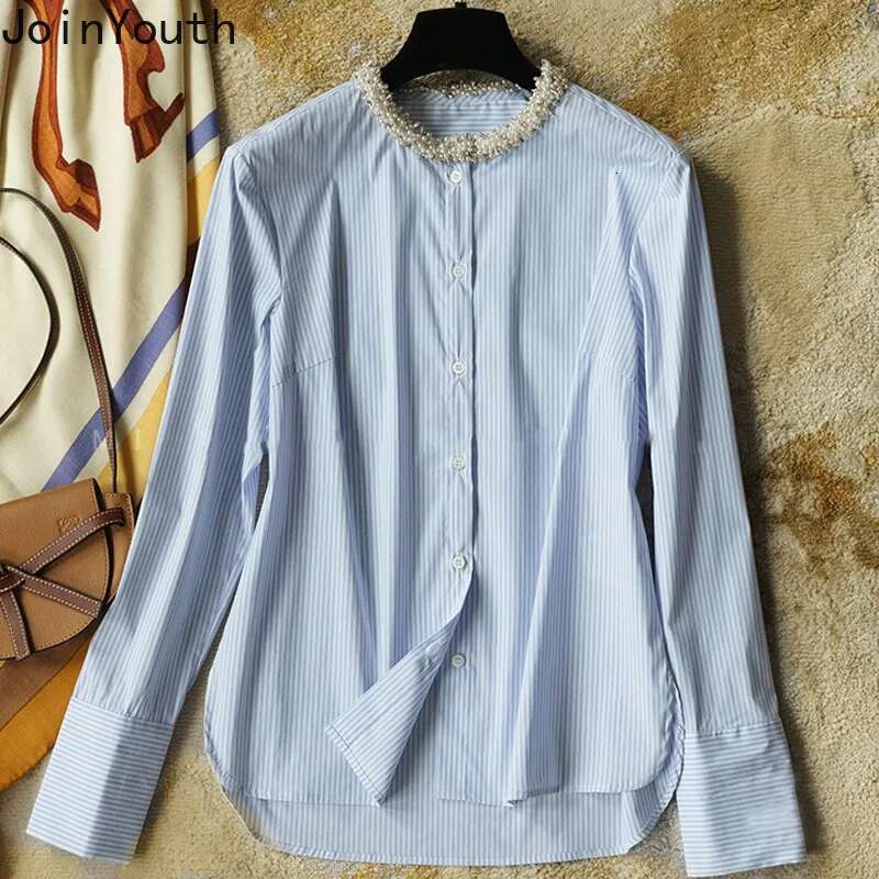 Women Clothing Striped Shirt Heavy Beading O-neck Long Sleeve Blouses Temperament Tops Loose Fashion Blouse Camisas De Mujer