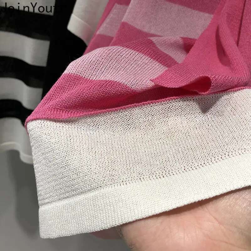 Summer Women Clothes Knit T Shirts Bandage Short Sleeve Fake Two Tees 2025 Ropa Mujer Oversized T-shirt Casual Striped Camisetas