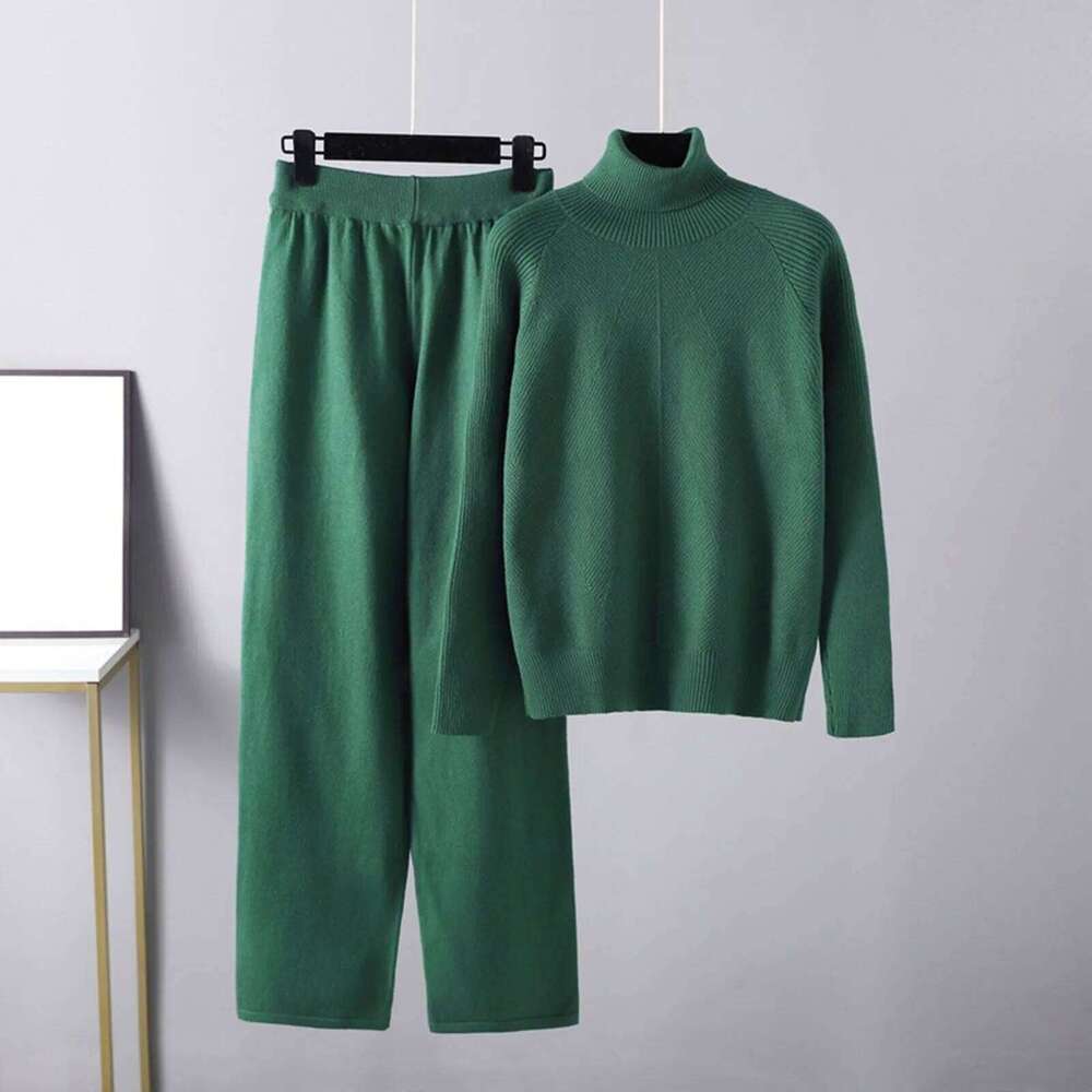 Designer Leisure High Quality Knitted Two Piece Suit Womens' Fall Winter Temperament Sweatshirts Set Wide Leg Pants And High Neck Sweater Outfit