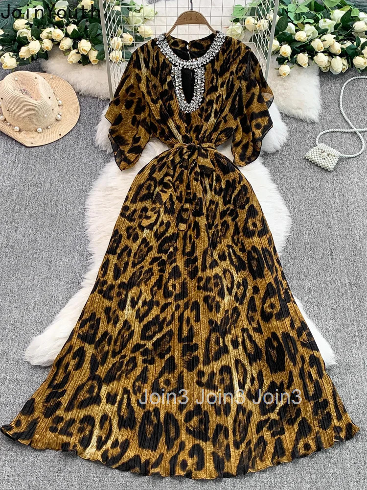 2025 Vestidos De Mujer Sexy Leopard Print Elegant Dress for Women Slim Waist Pleated Robe Femme Diamond O-neck Summer Dresses