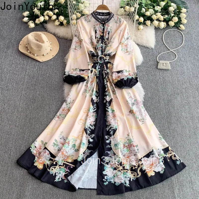 Elegant Dress for Women Stand Neck Lantern Sleeve Print Robe Femme Single Breasted Vintage Maxi Dresses 2025 Vestidos De Mujer