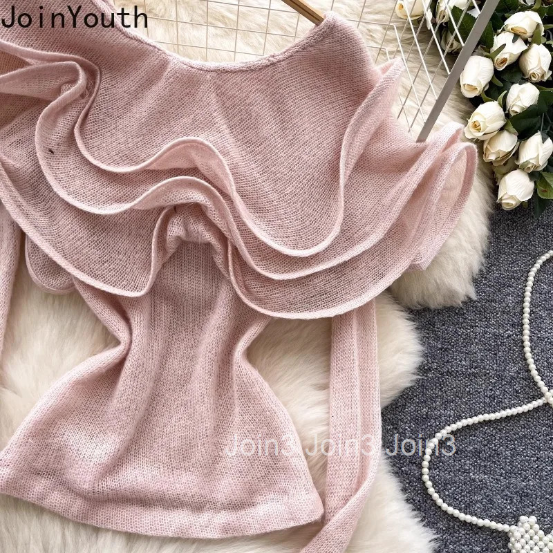 Korean Jumper Ruffles Slash Neck Pullovers Womens Clothing Long Sleeve Tunic Sueter Mujer Off Shoulder Knitted Sweater Tops