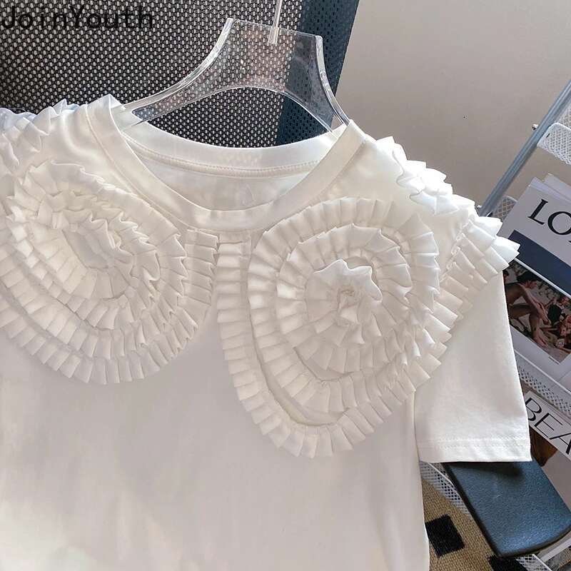 Sweet Woman Tshirts 3D Floral O-neck Short Sleeve White Tees Tops Mujer 2025 Shirts for Women Korean Fashion Y2k T-shirts 7f150