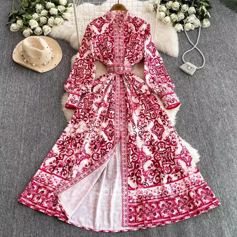 Temperament Dress Women Vestidos De Mujer Stand Neck Single Breasted Floral Robe Femme Vintage High Waist Elegant Maix Dresses