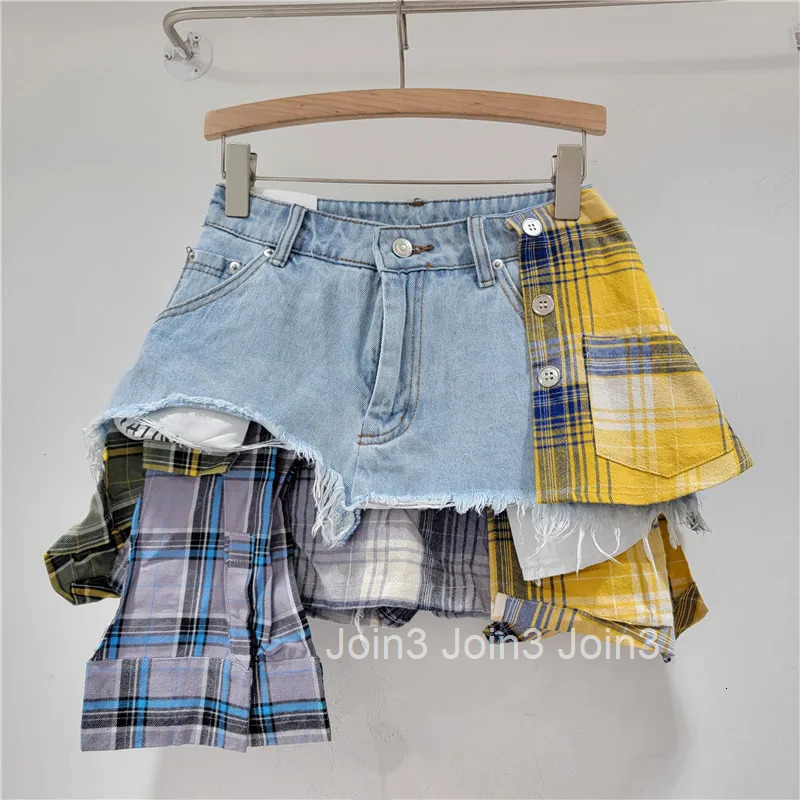 Y2k Skirts for Women 2025 Faldas Mujer De Moda High Waist Casual Chic Jupe Korean Summer Saia Patchwork Plaid Denim Mini Skirt